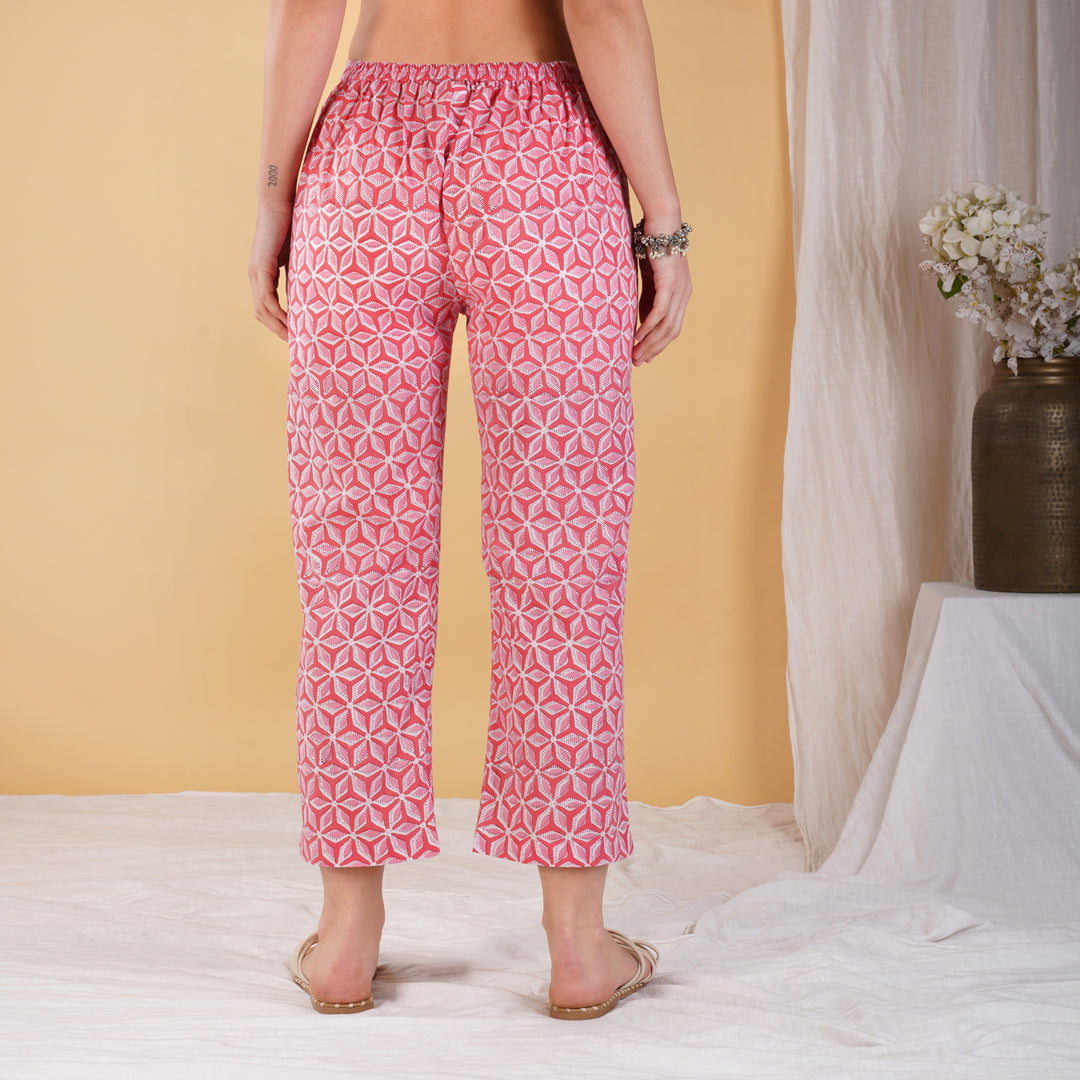 Pink Star Hand Block Printed Short Kurta with Pants Coord Set (Set of 2)