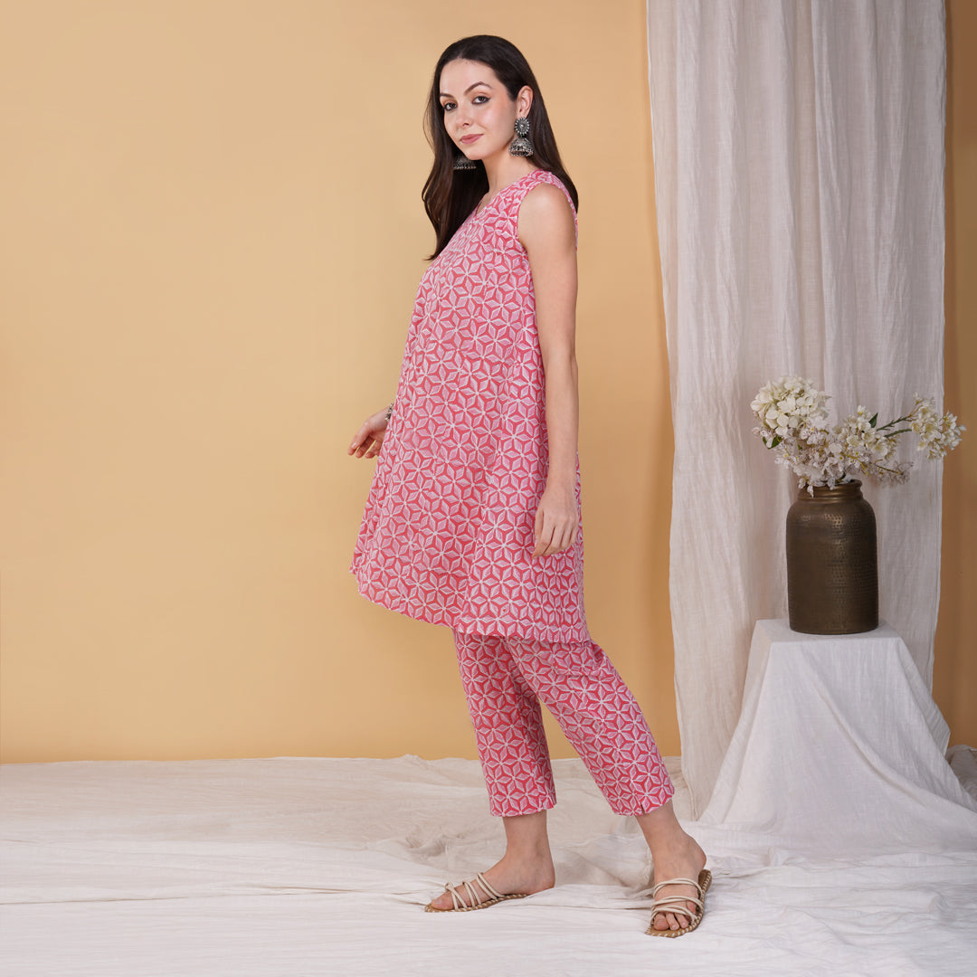 Pink Star Hand Block Printed Short Kurta with Pants Coord Set (Set of 2)