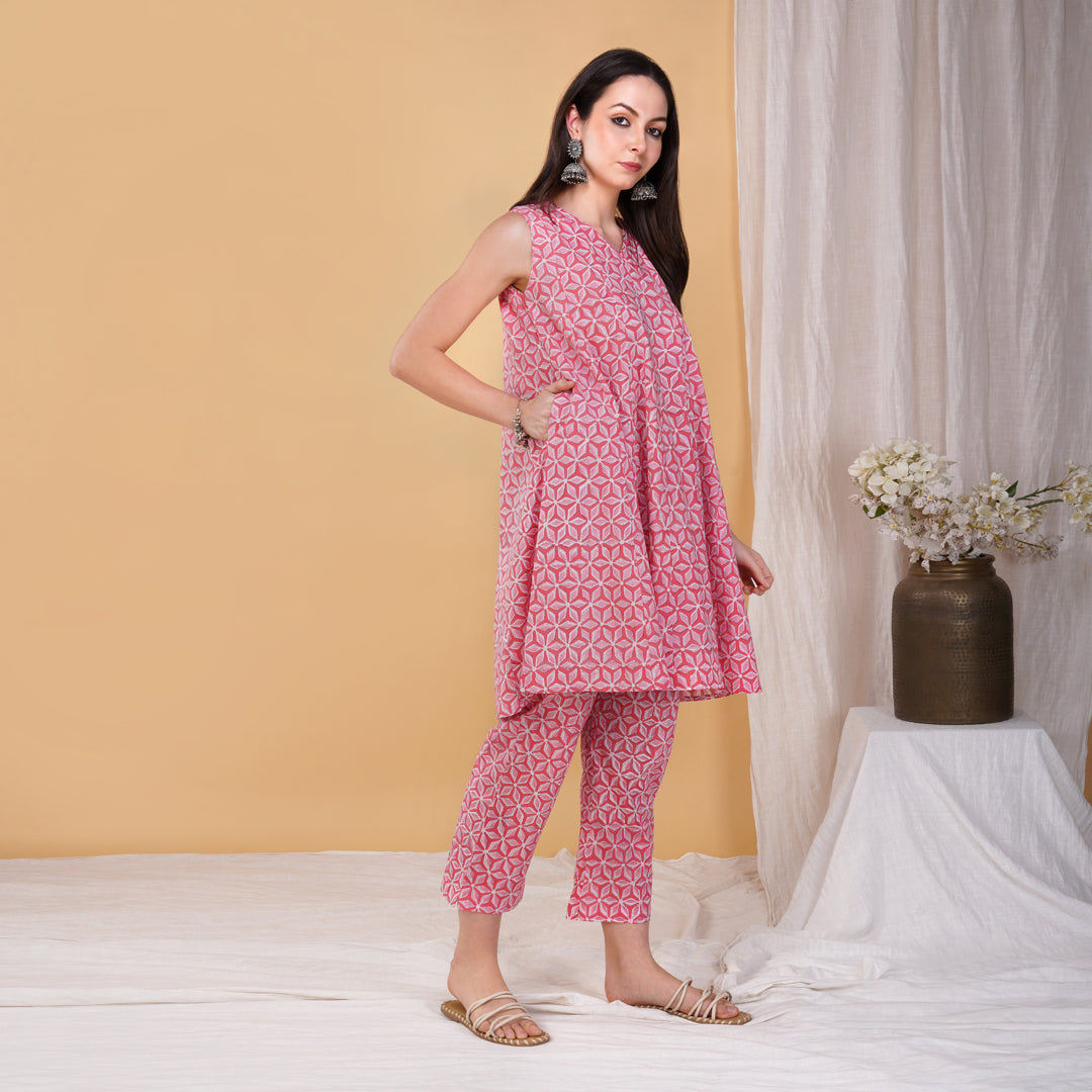 Pink Star Hand Block Printed Short Kurta with Pants Coord Set (Set of 2)