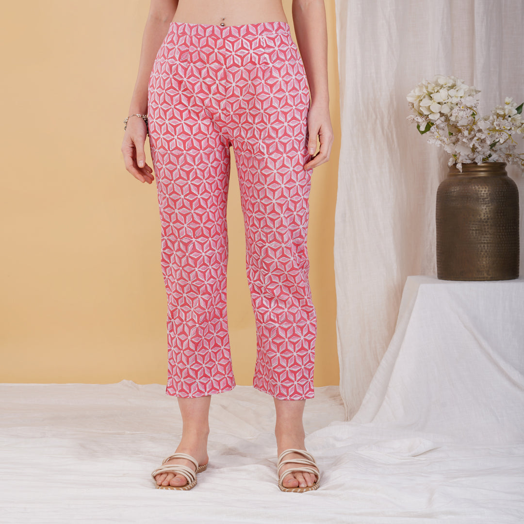 Pink Star Hand Block Printed Short Kurta with Pants Coord Set (Set of 2)