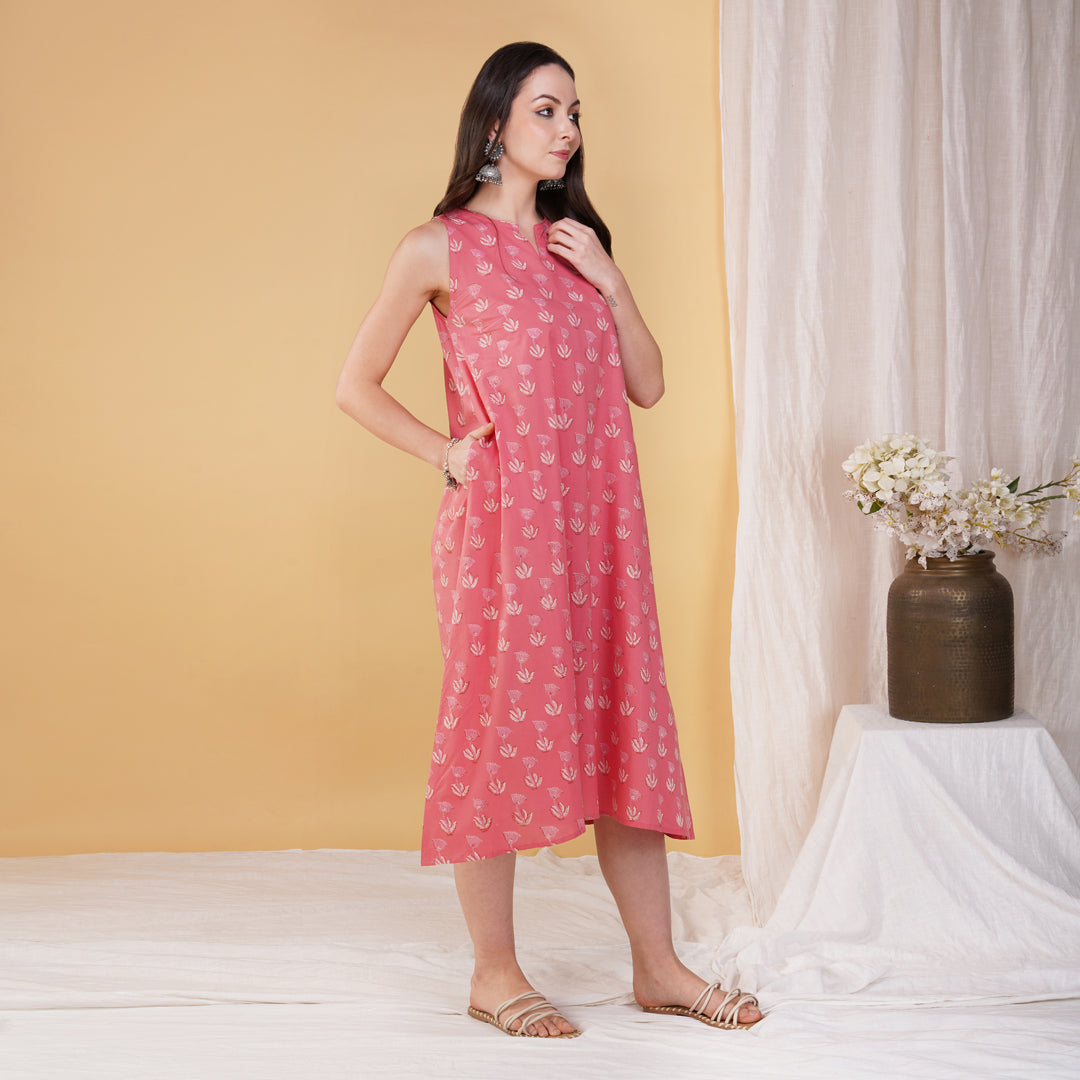 Pink Hand Block Printed Long A Line Sleeveless Dress