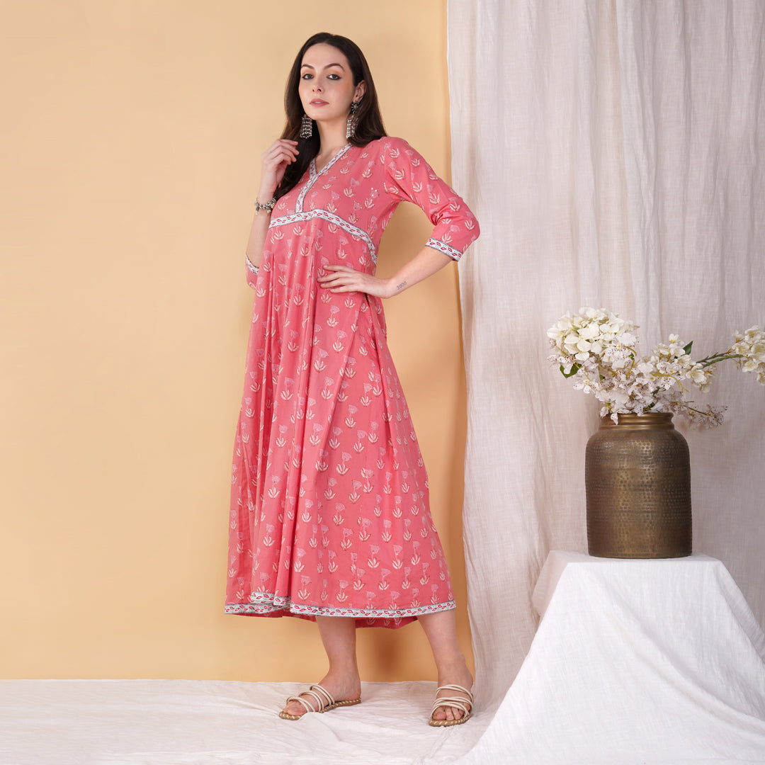 Pink Hand Block Printed Floor Length Anarkali Kurta with Hand Embroidery Details on Yoke
