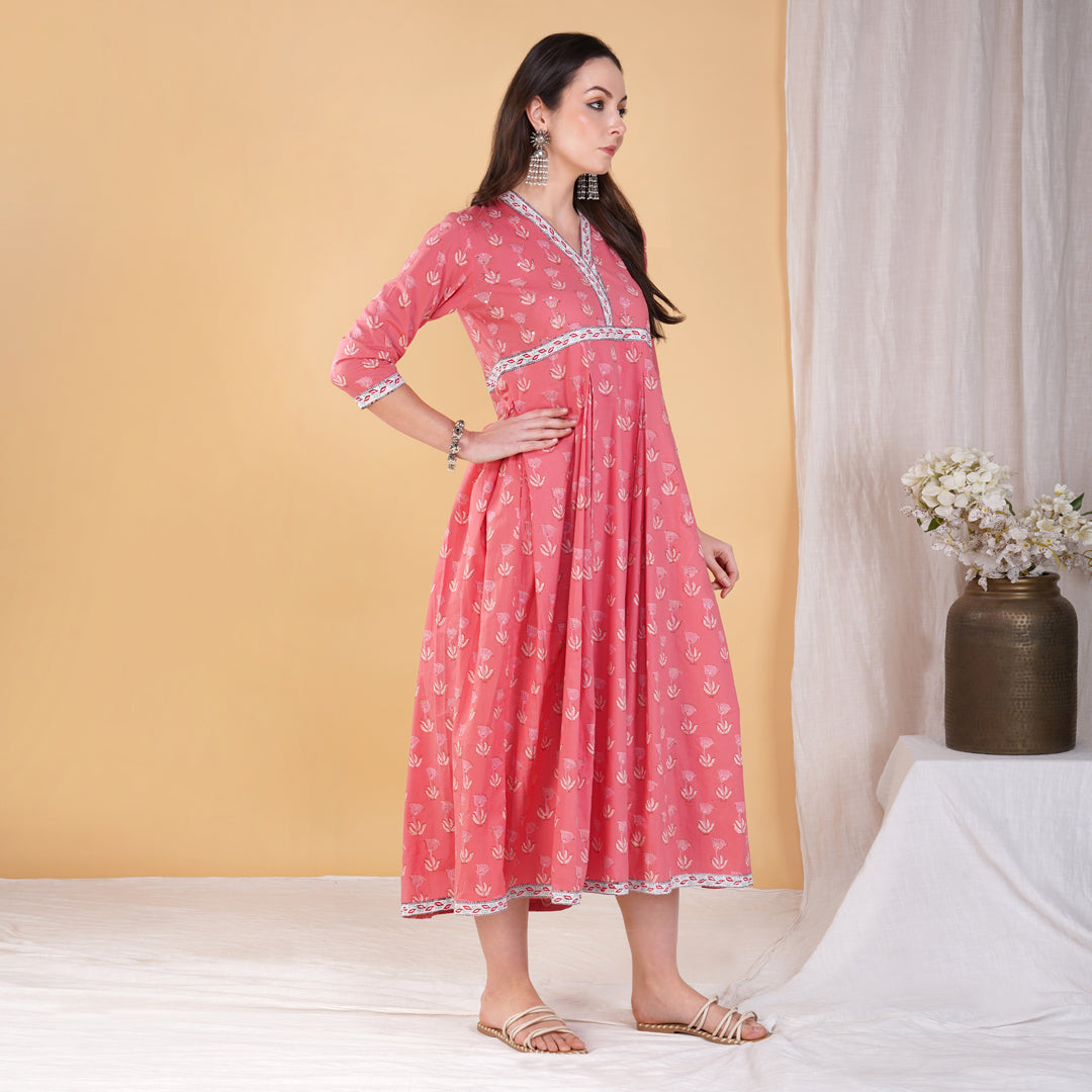 Pink Hand Block Printed Floor Length Anarkali Kurta with Hand Embroidery Details on Yoke