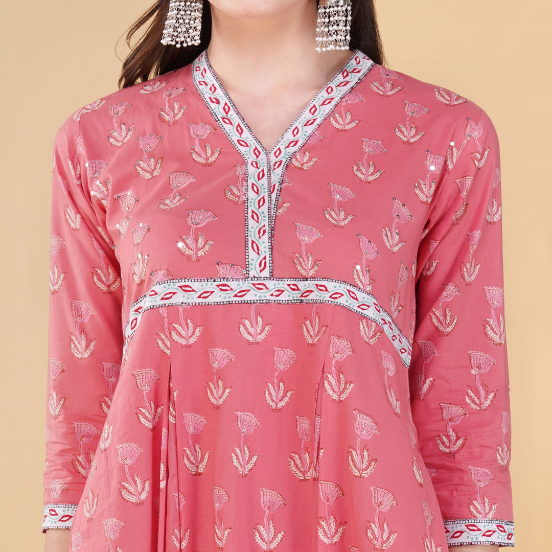 Pink Hand Block Printed Floor Length Anarkali Kurta with Hand Embroidery Details on Yoke