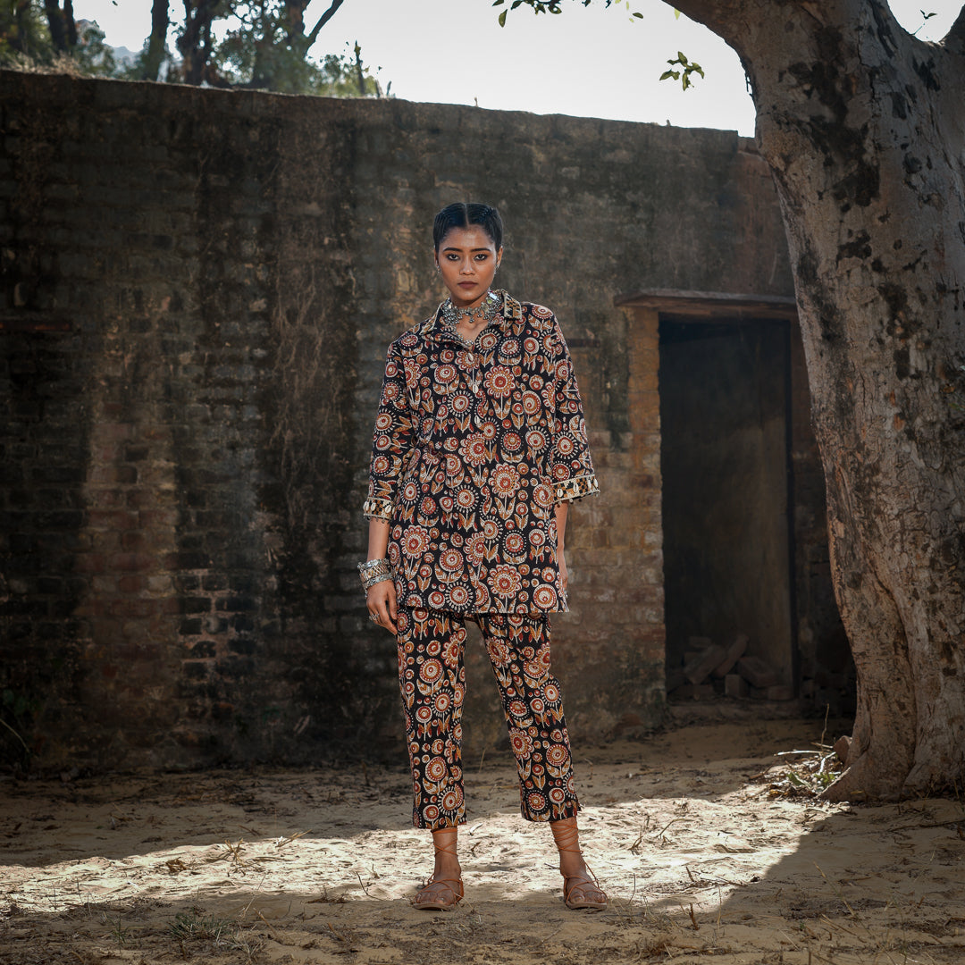 Black Block Printed Oversized Shirt Style Kurta With Embroidery Detail