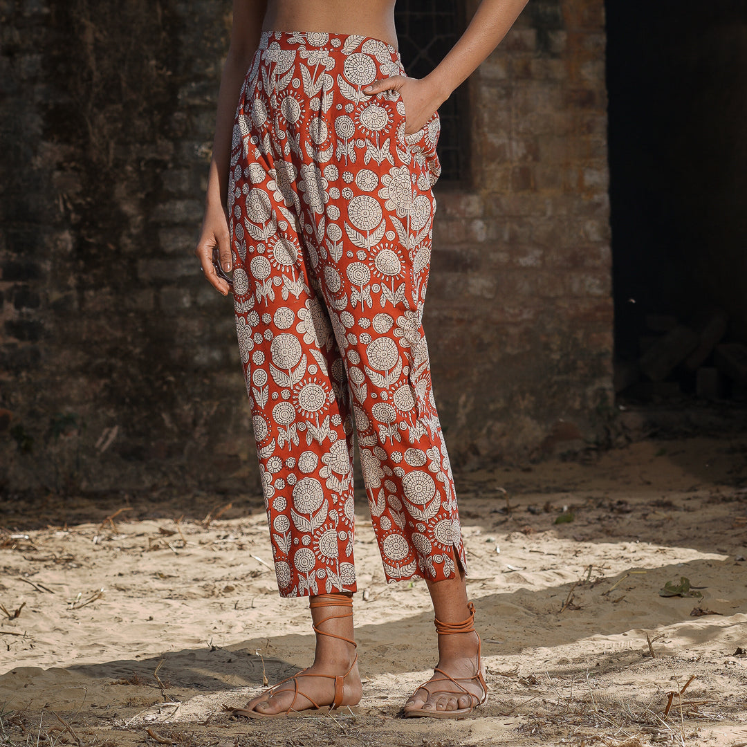 Brick Red Block Printed Oversized Short Kurta With Embroidery Detail and Straight Pants Co-ord Set (Set Of 2)