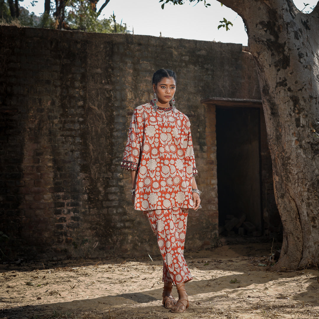 Brick Red Block Printed Oversized Shirt Style Kurta With Embroidery Detail with Straight Pants Co-ord Set (Set Of 2)