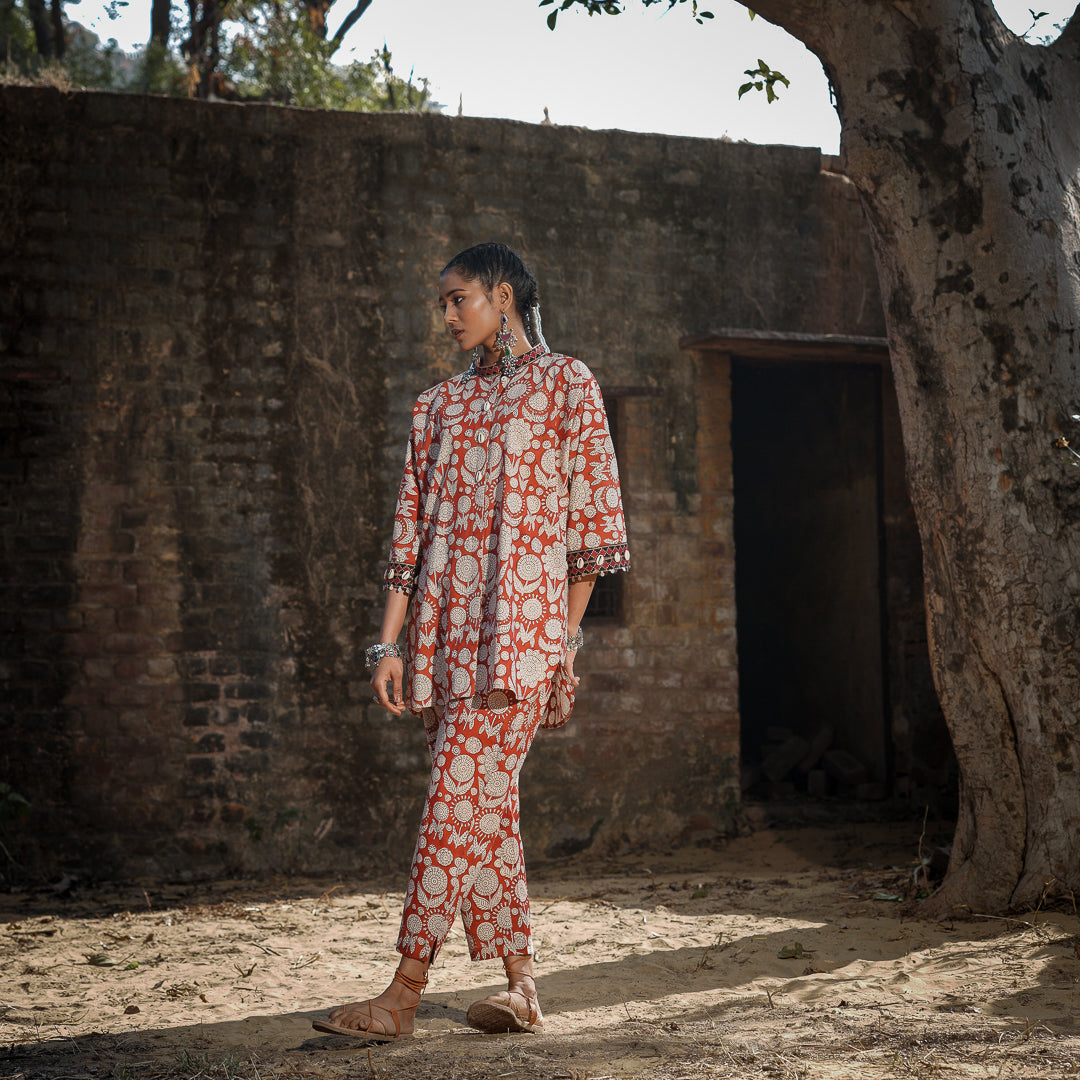 Brick Red Block Printed Oversized Shirt Style Kurta With Embroidery Detail