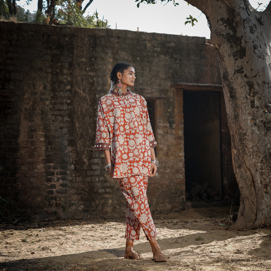 Brick Red Block Printed Oversized Shirt Style Kurta With Embroidery Detail with Straight Pants Co-ord Set (Set Of 2)