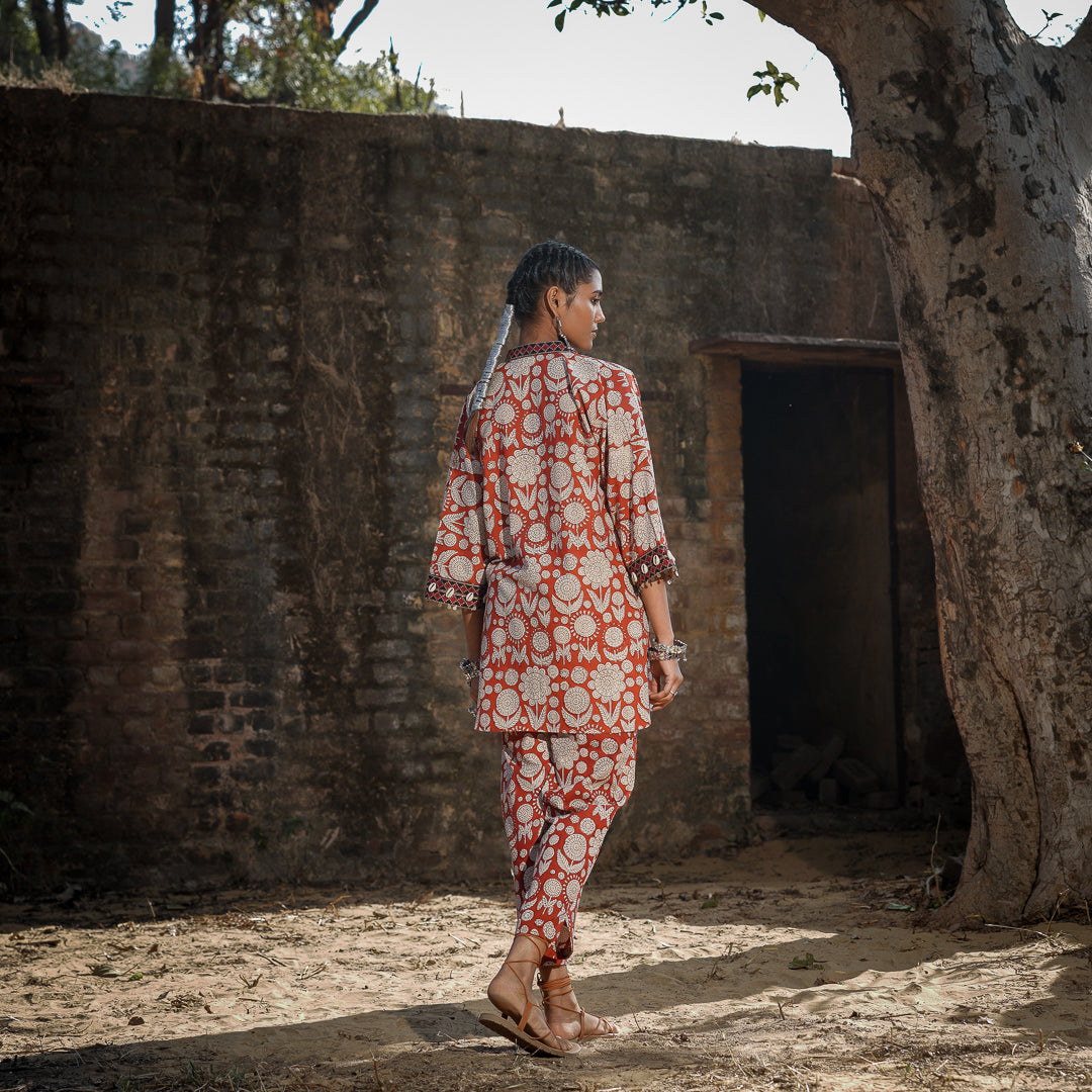 Brick Red Block Printed Oversized Shirt Style Kurta With Embroidery Detail with Straight Pants Co-ord Set (Set Of 2)