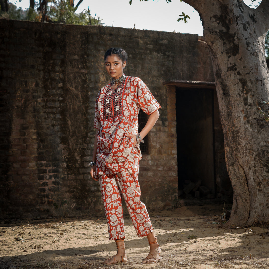 Brick Red Block Printed Oversized Short Kurta With Embroidery Detail