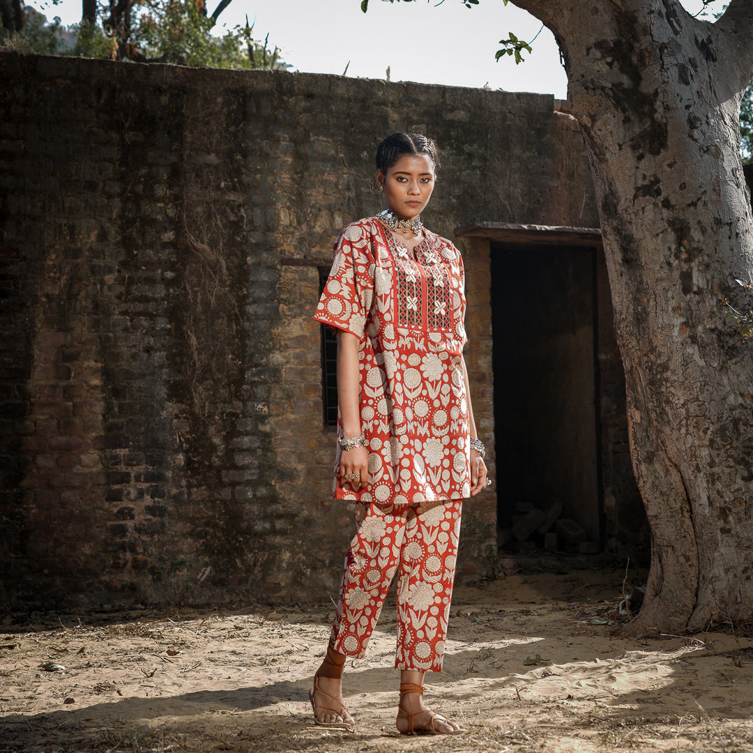 Brick Red Block Printed Oversized Short Kurta With Embroidery Detail