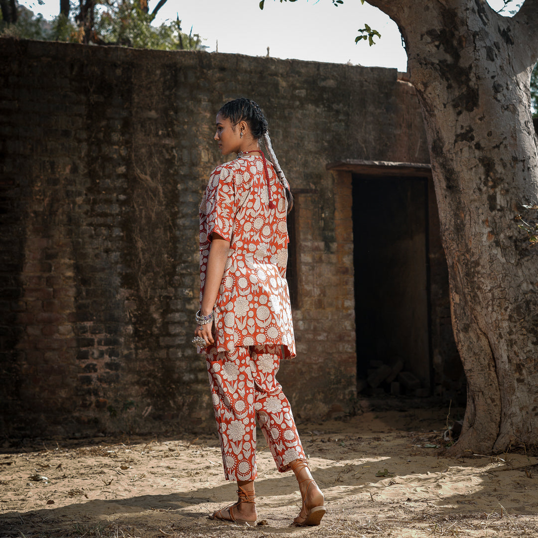 Brick Red Block Printed Oversized Short Kurta With Embroidery Detail and Straight Pants Co-ord Set (Set Of 2)