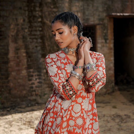 Brick Red Block Printed Panelled Kurta With Embroidery Detail