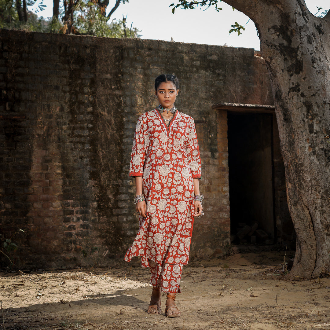 Brick Red Block Printed Straight Kurta with Hand Embroidered Detail