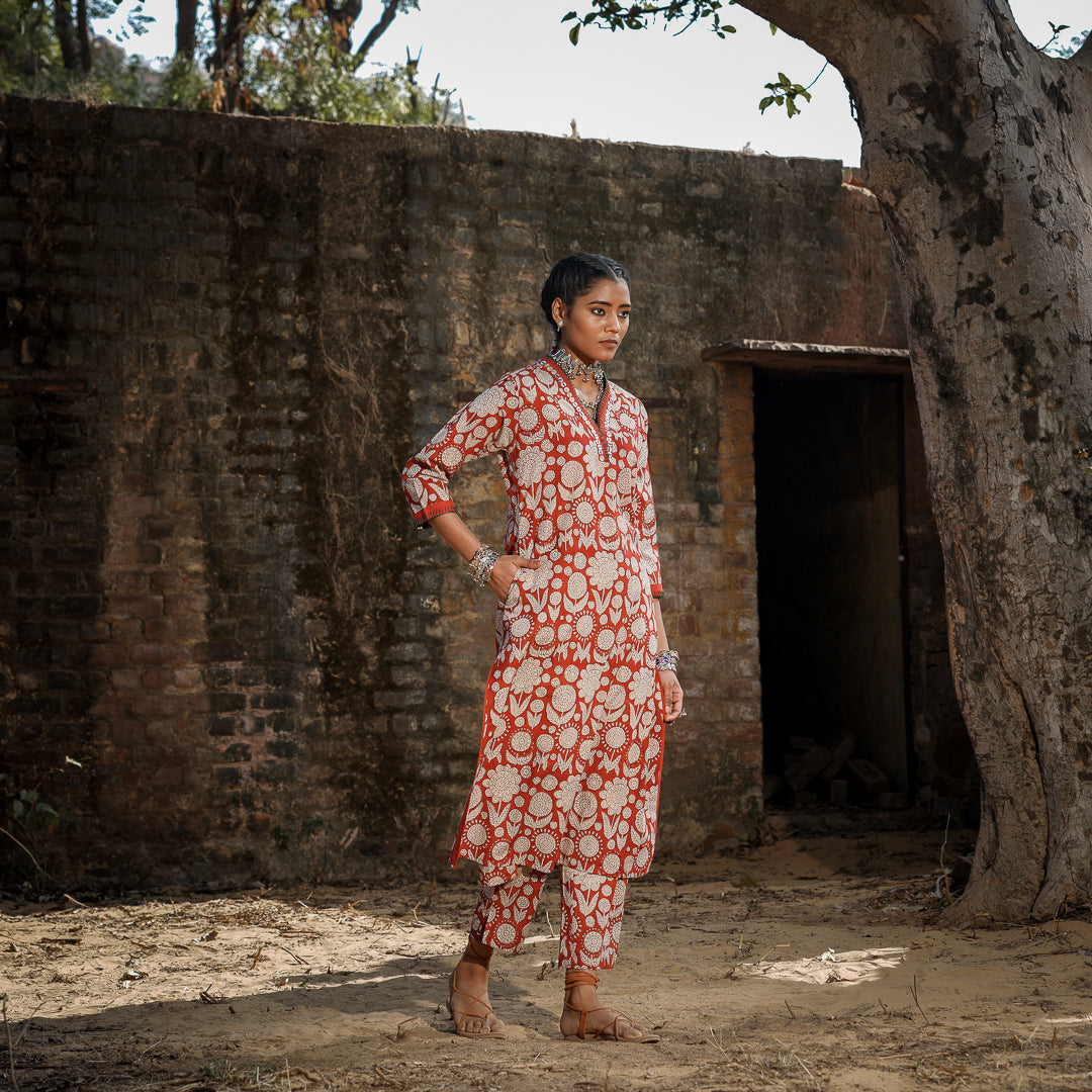 Brick Red Block Printed Straight Kurta with Hand Embroidered Detail