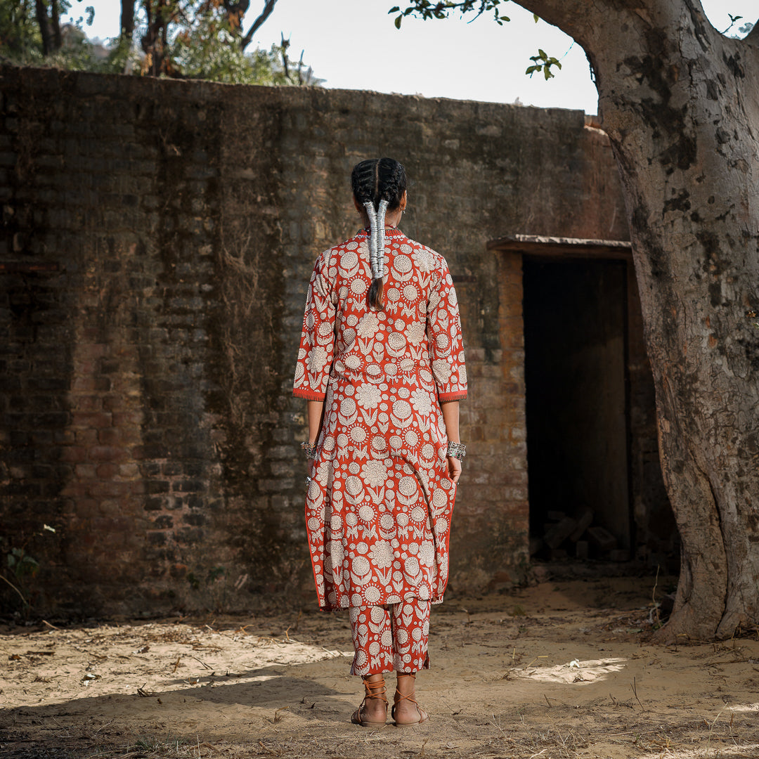 Brick Red Block Printed Straight Kurta with Hand Embroidered Detail