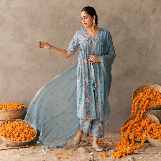 Blue block printed A line with hand embroidery detailed suit set with dupatta