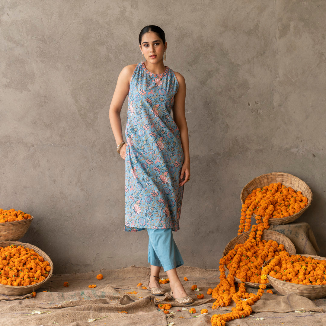 Blue block printed and embroidery detailed straight fit sleevless kurta