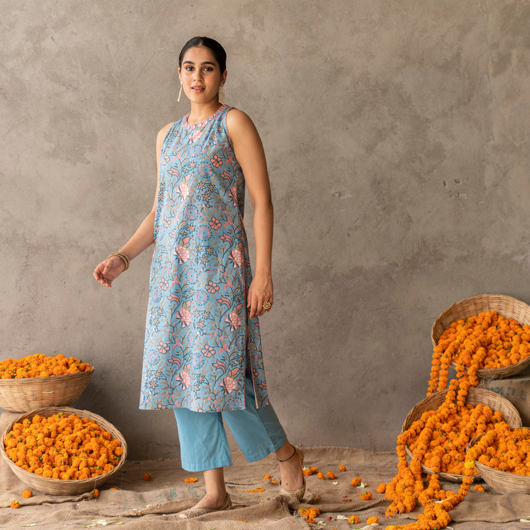 Blue block printed and embroidery detailed straight fit sleevless kurta