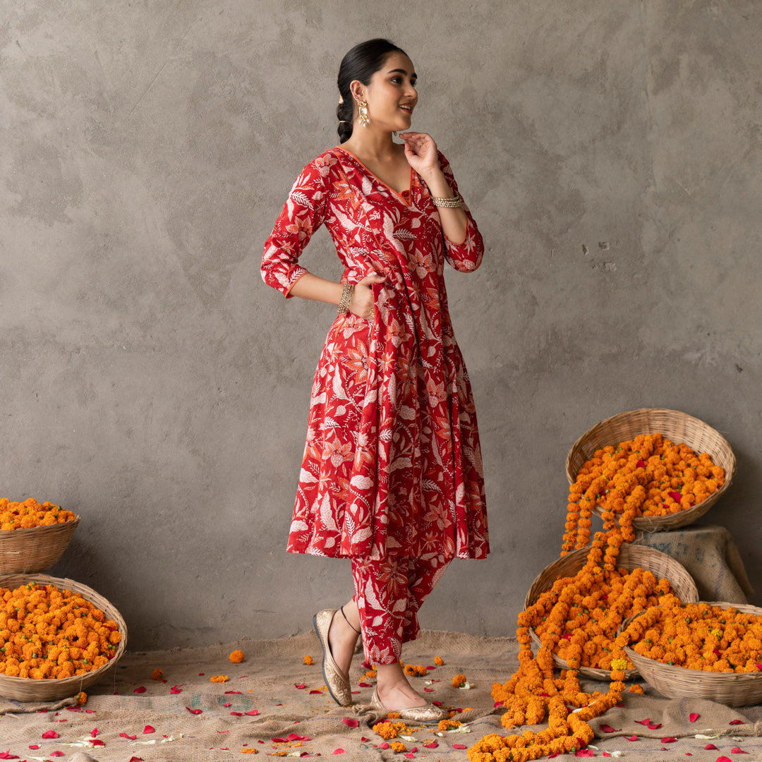 Red block printed panelled with contrast piping detail anarkali suit set with dupatta