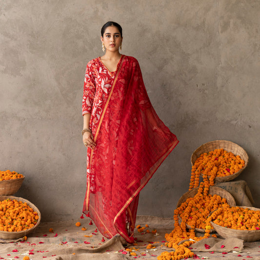 Red cotton chanderi  shibori dupatta