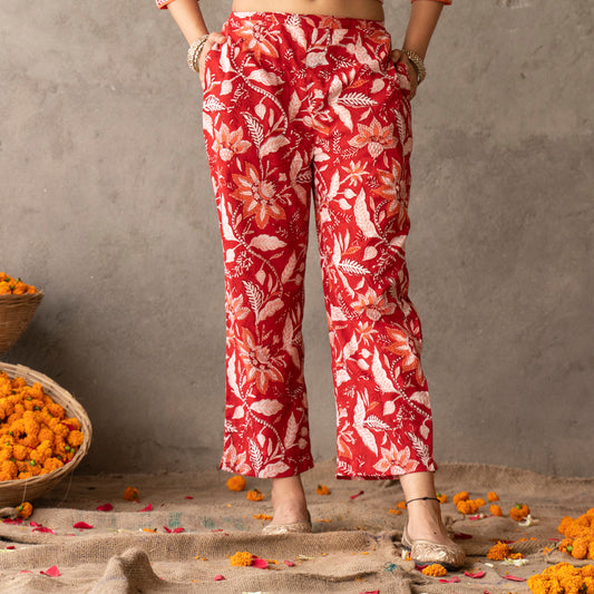Red block printed cotton straight pants