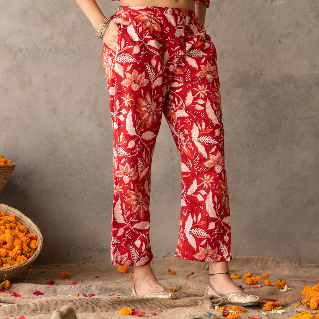 Red block printed cotton straight pants