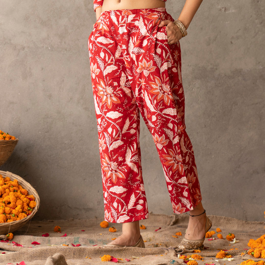 Red block printed cotton straight pants