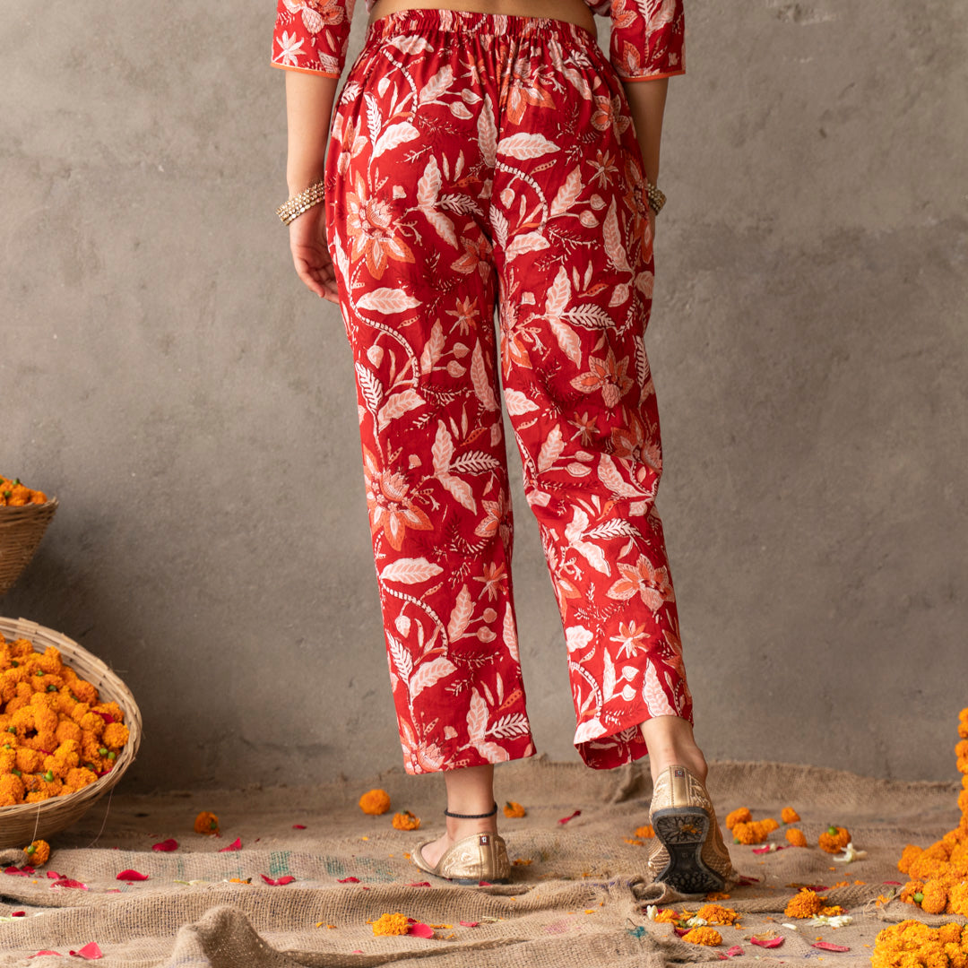 Red block printed cotton straight pants