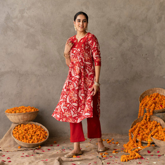 Red block printed gathered detail V Neck kurta with solid red straight fit pants set