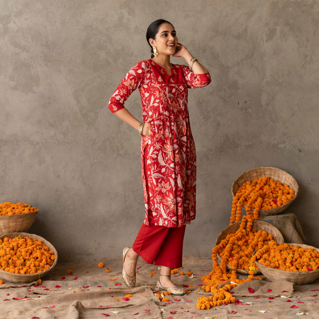 Red block printed gathered detail V Neck kurta with solid red straight fit pants set