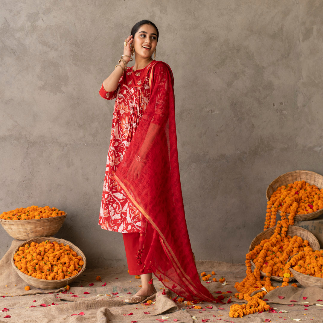 Red block printed gathered detail V Neck suit set with dupatta