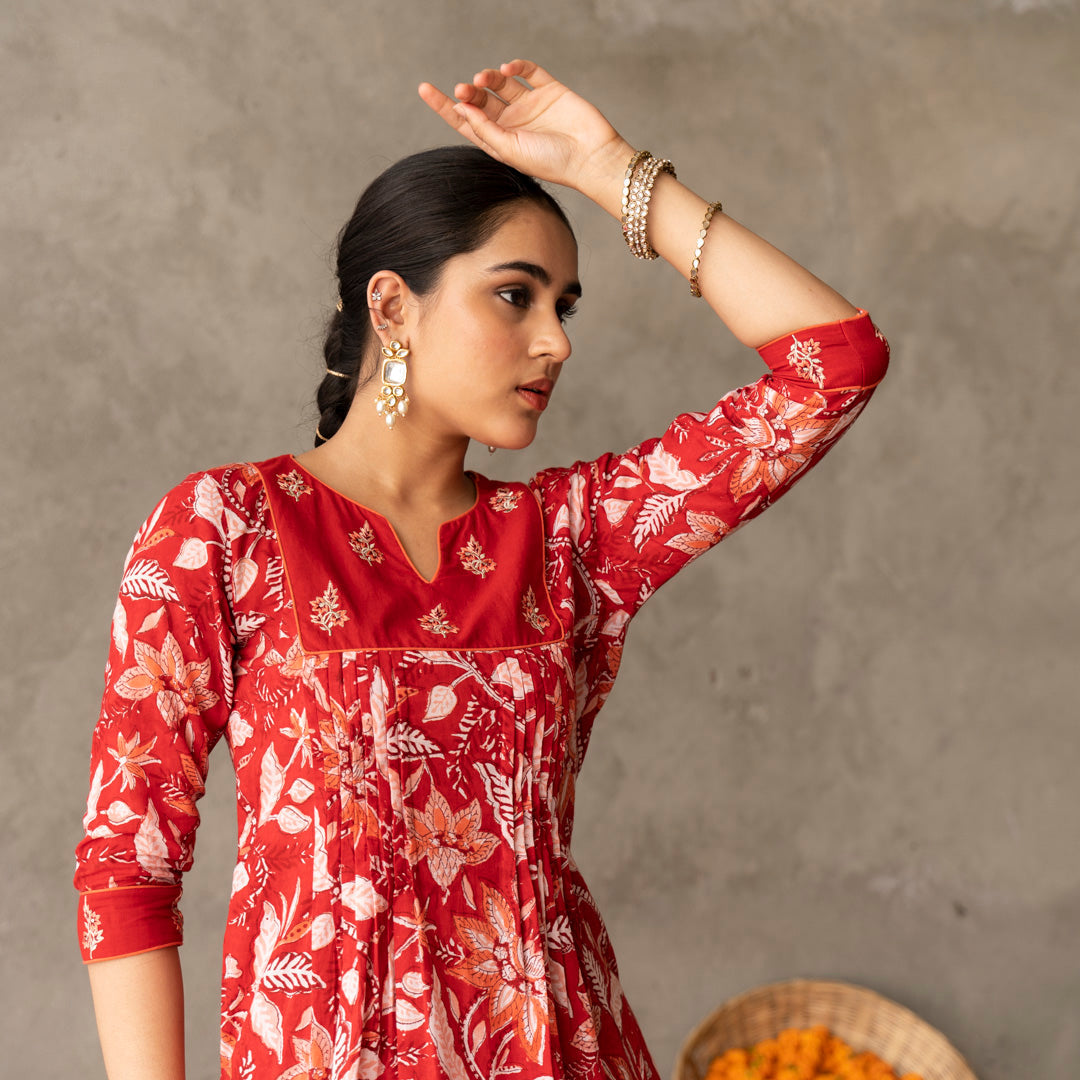 Red block printed gathered detail V Neck kurta with solid red straight fit pants set