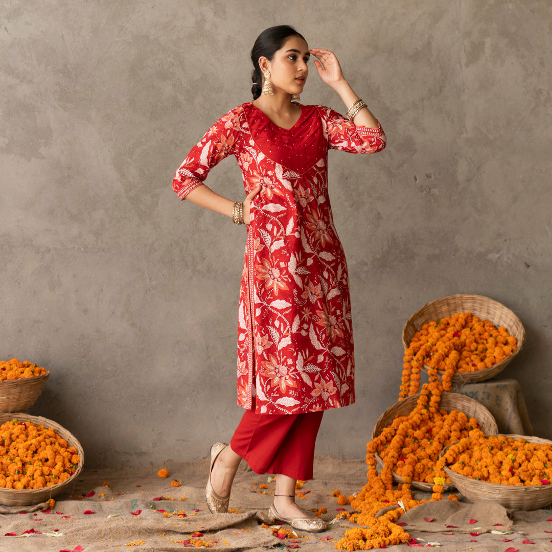 Red block printed pintuck detail straight fit kurta