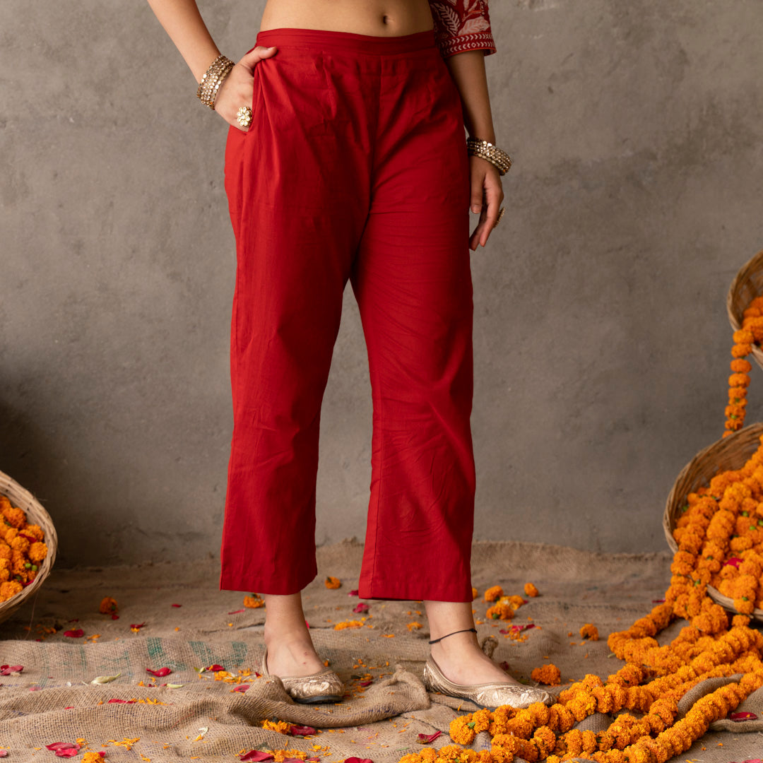 Solid red cotton straight pants