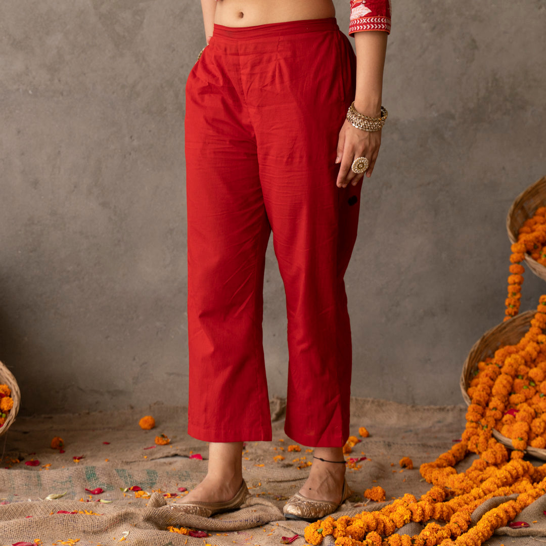 Solid red cotton straight pants