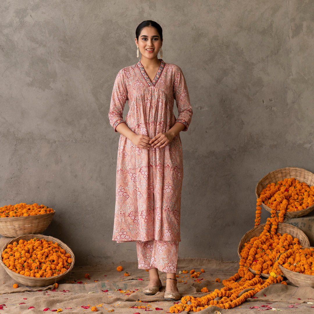 Peach block printed embroidered detail A line suit set with dupatta