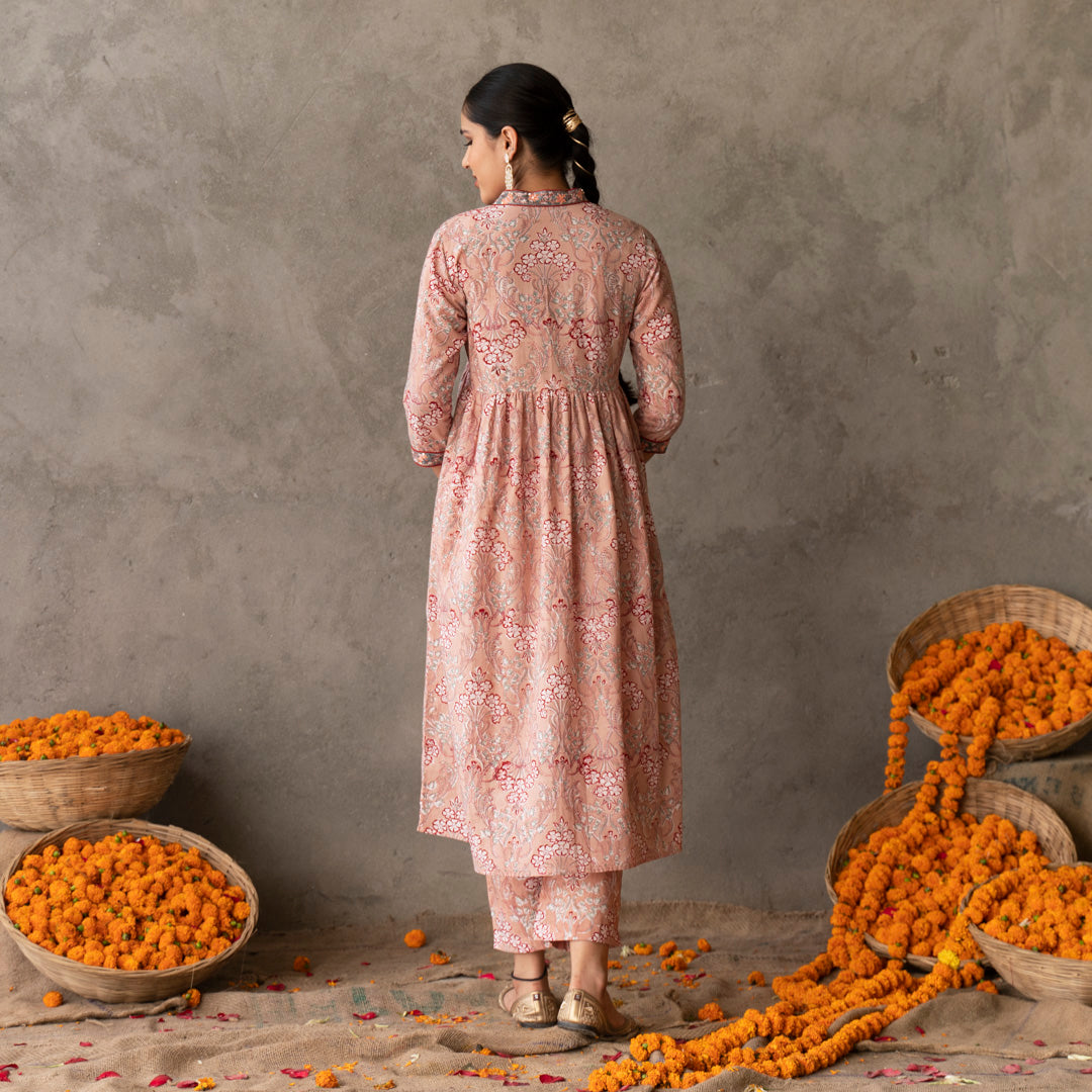 Peach block printed embroidered detail A line kurta