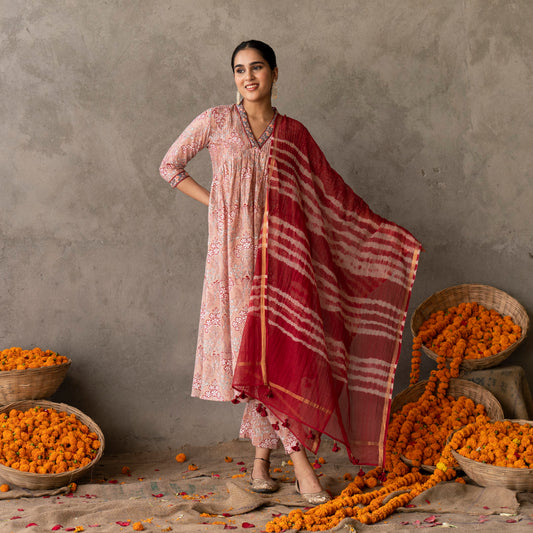 Peach block printed embroidered detail A line suit set with dupatta