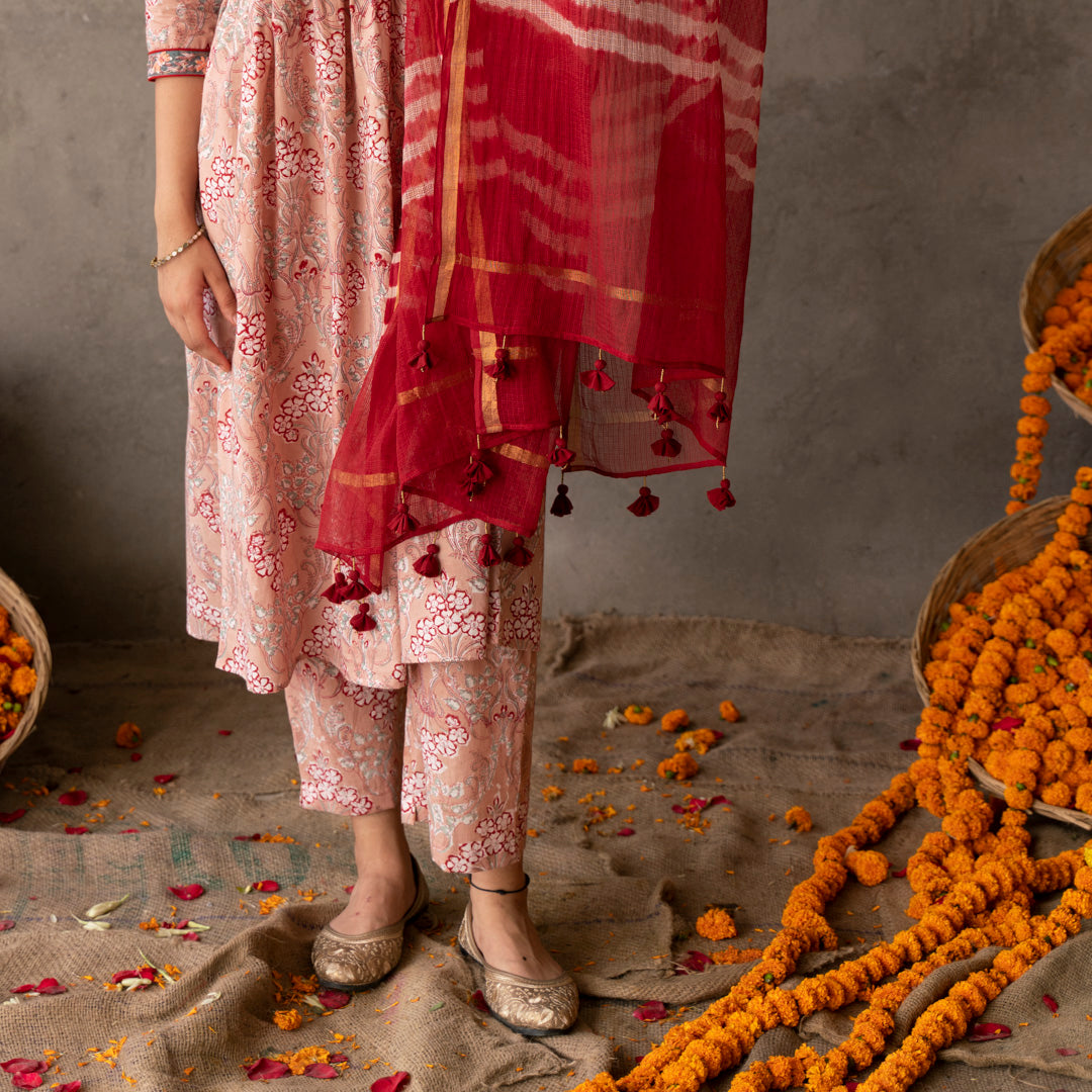 Peach block printed embroidered detail A line suit set with dupatta