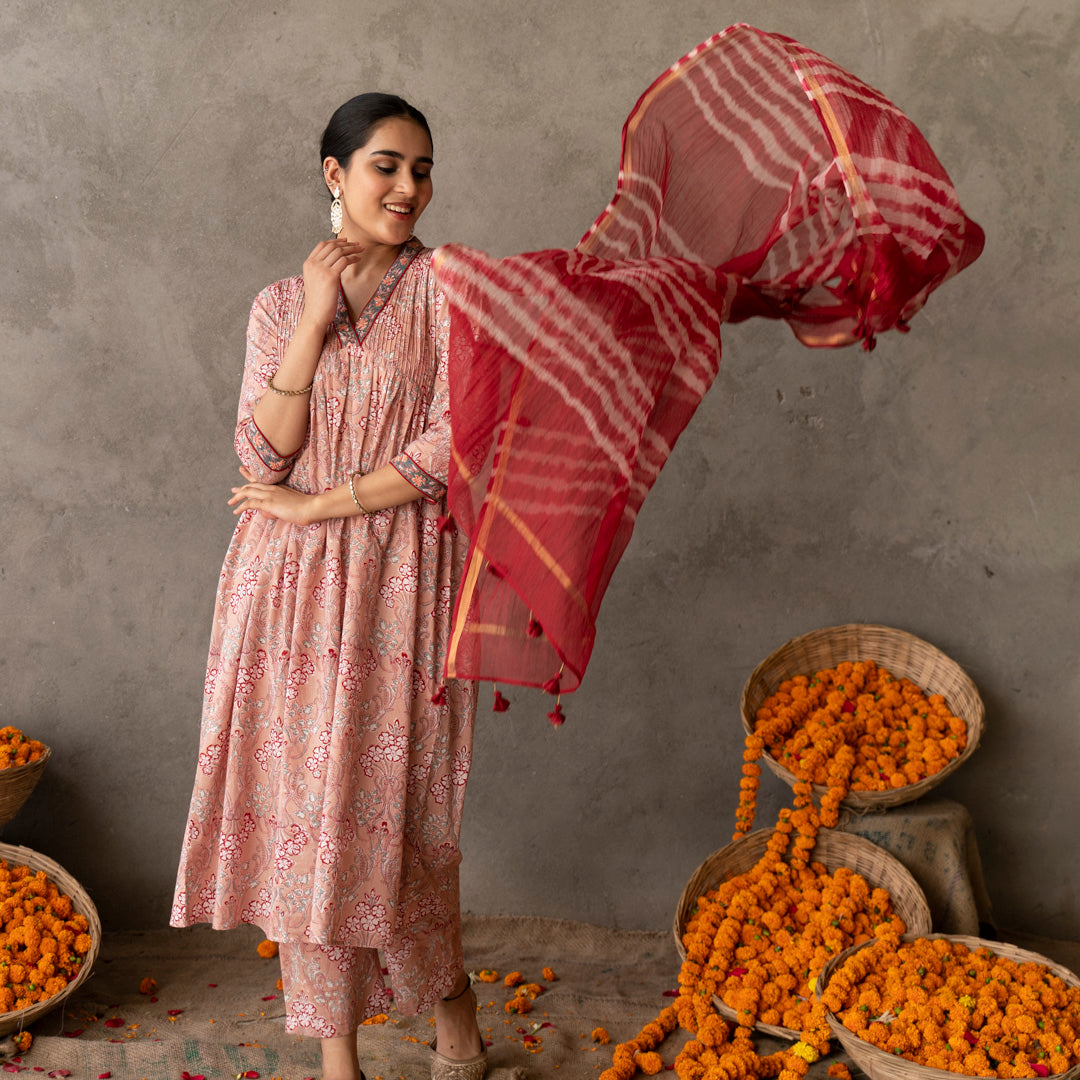 Peach block printed embroidered detail A line suit set with dupatta
