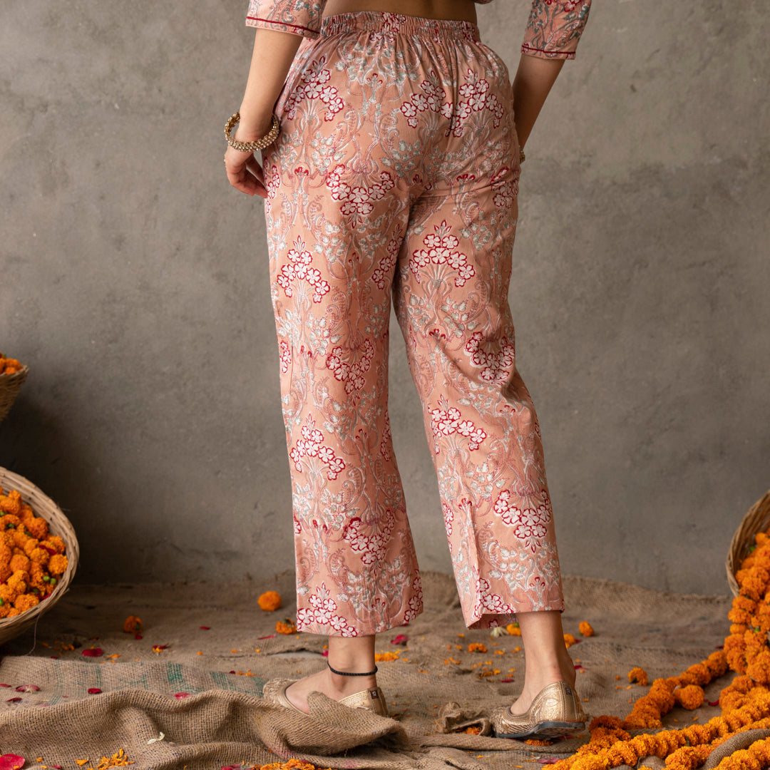 Peach block printed cotton straight pants