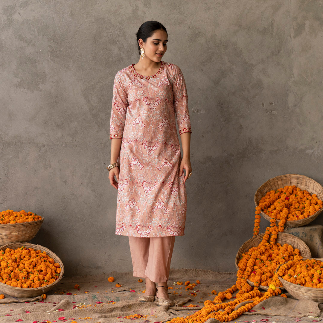 Peach block printed round neck embroidery detailed straight fit kurta with straight pants set