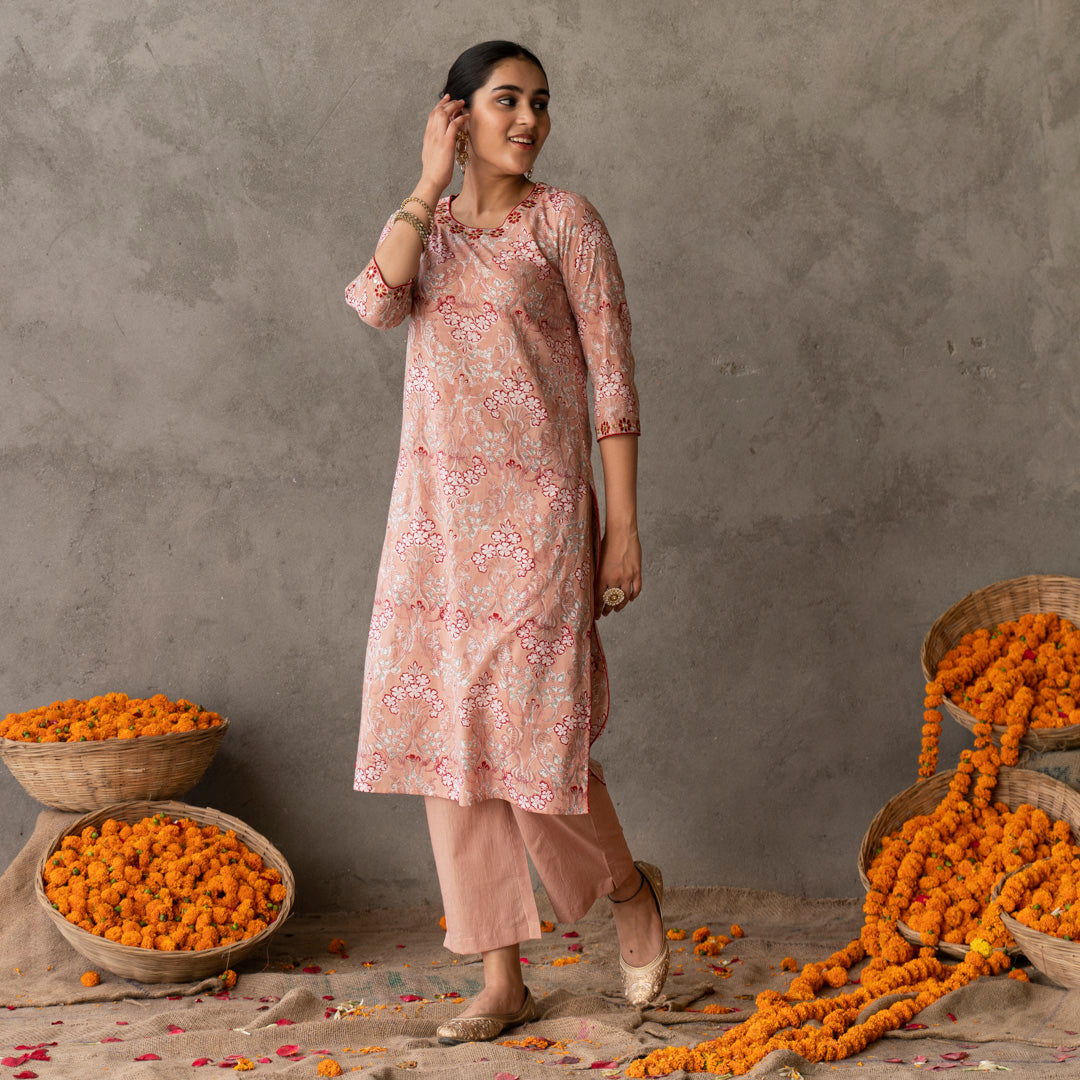 Peach block printed round neck embroidery detailed straight fit kurta