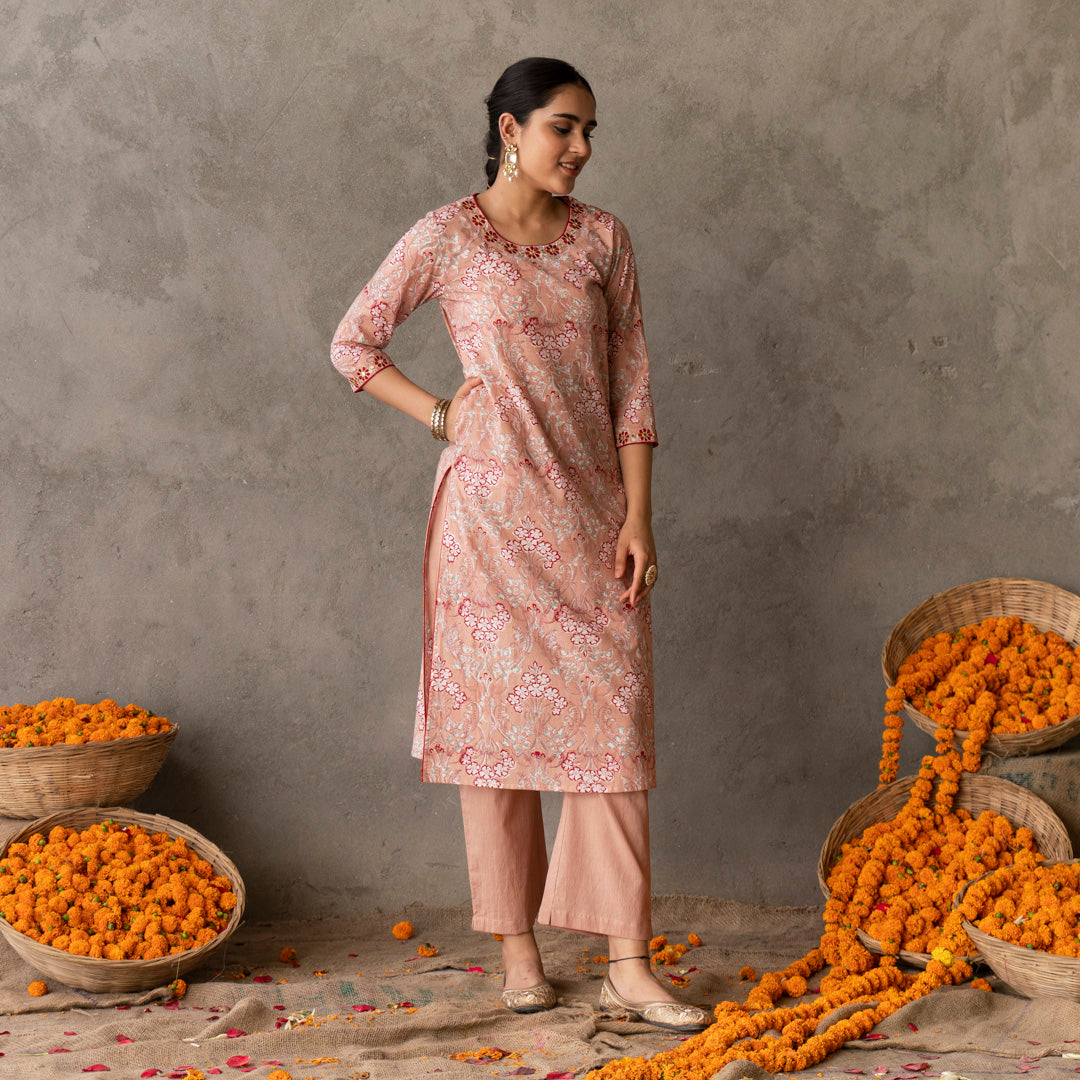 Peach block printed round neck embroidery detailed straight fit kurta