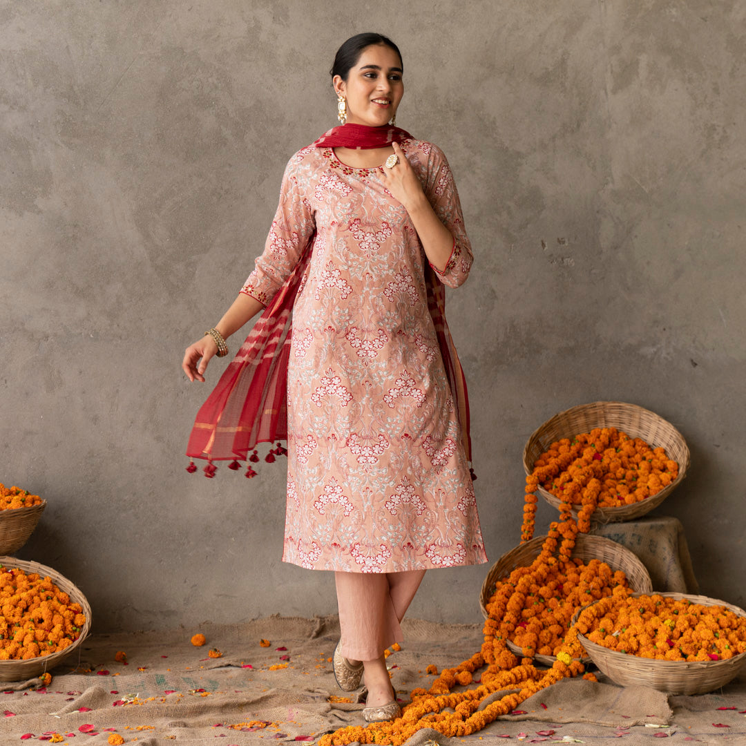 Peach block printed round neck embroidery detailed suit set with dupatta