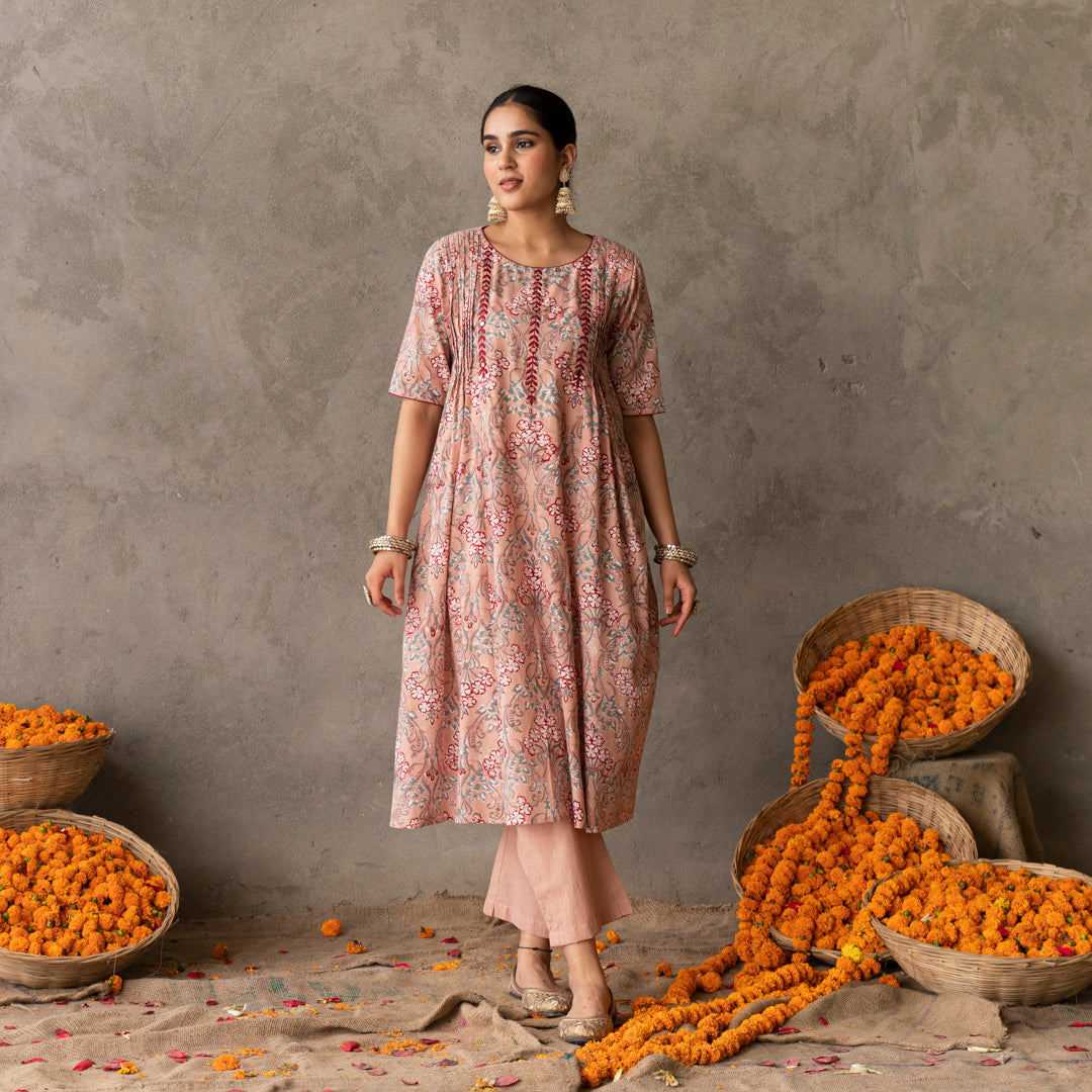 Peach block printed embroidery detailed kurta with straight pants set