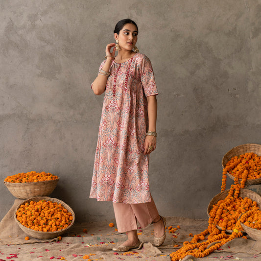 Peach block printed embroidery detailed kurta with straight pants set
