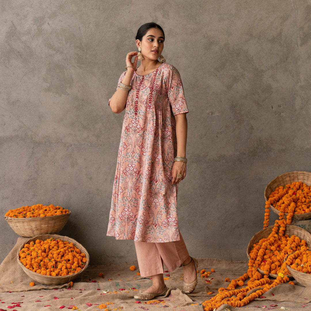 Peach block printed embroidery detailed suit set with dupatta